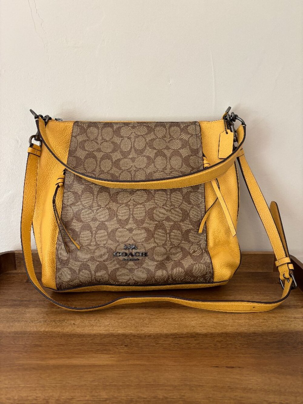 Coach Marlon Signature Khaki Coated Canvas Yellow Pebbled Leather Shoulder Bag